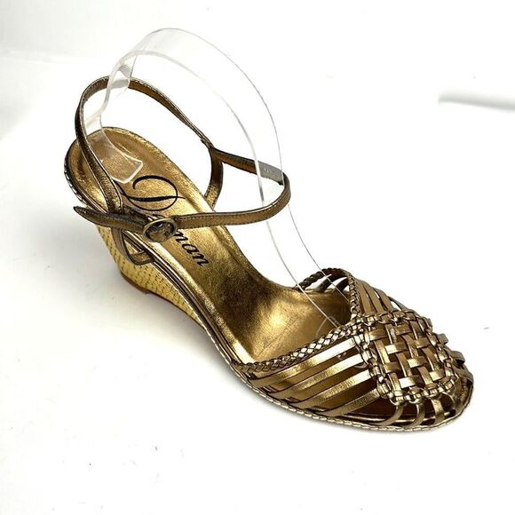 NWOB DELMAN Leather Strappy Wedge Gold Sandals Ankle Strap Made in Spain 40 US 9 - Picture 2 of 14